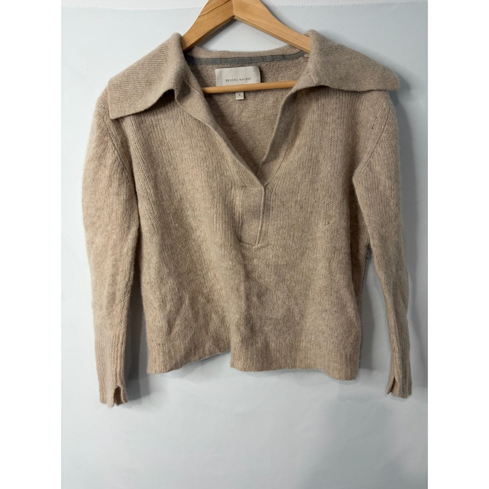 Brochu Walker 100% Cashmere V-Neck Polo Sweater Beige Sz S Luxury Neutral (READ)